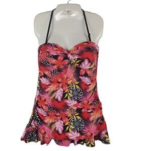 Sunshine Zone Red Floral Halter SwimsuitSz L (12/14) Tropical Retro Beach Ready